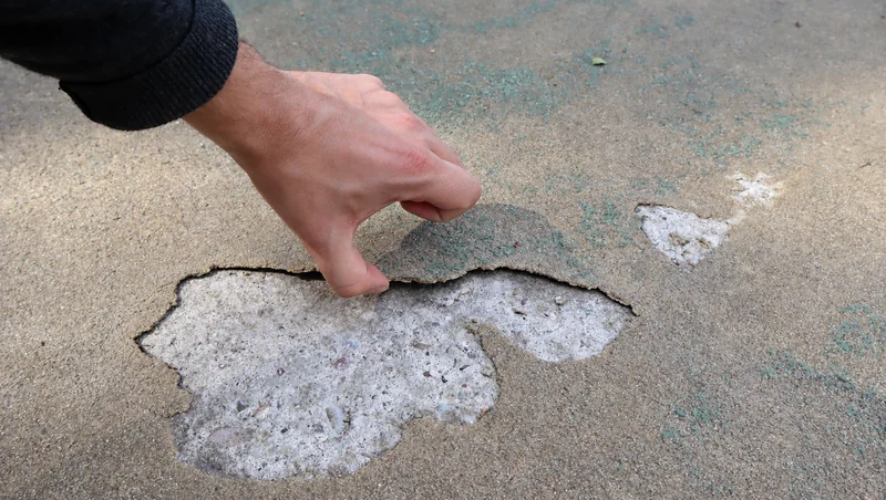 Von Hand angehobene Beschichtung mit darunter sichtbarem Untergrund
