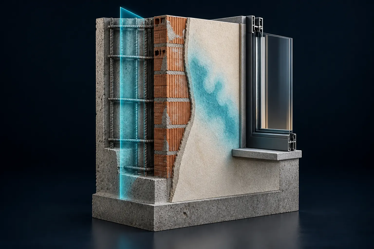 Bauteilausschnitt mit Bewehrung, Feuchteverteilung und Fensteranschluss