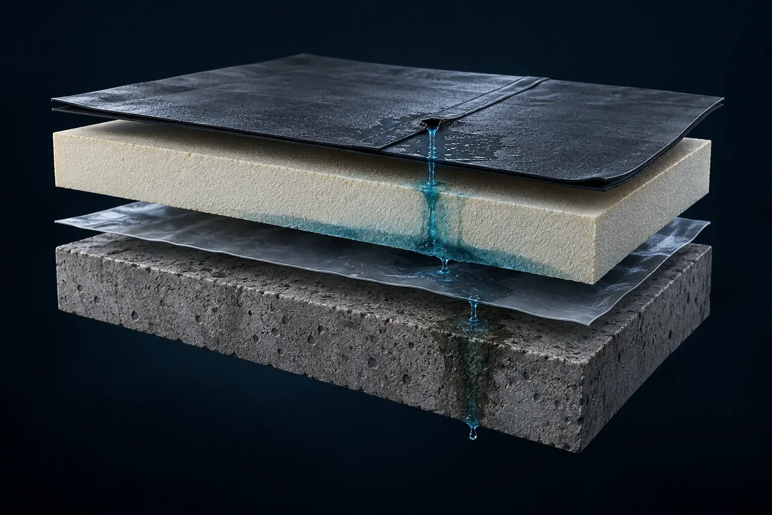 Dachaufbau mit schematischem Wasserweg durch eine undichte Abdichtung